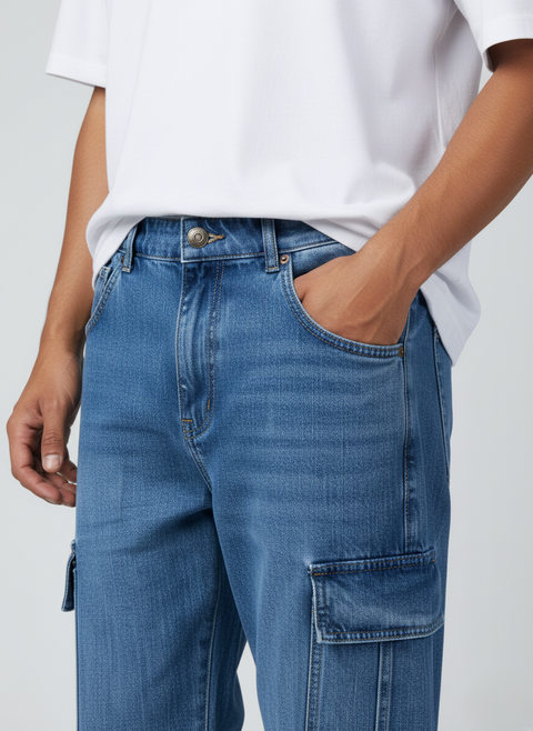 6-Pocket Baggy Denim Cargo Pants